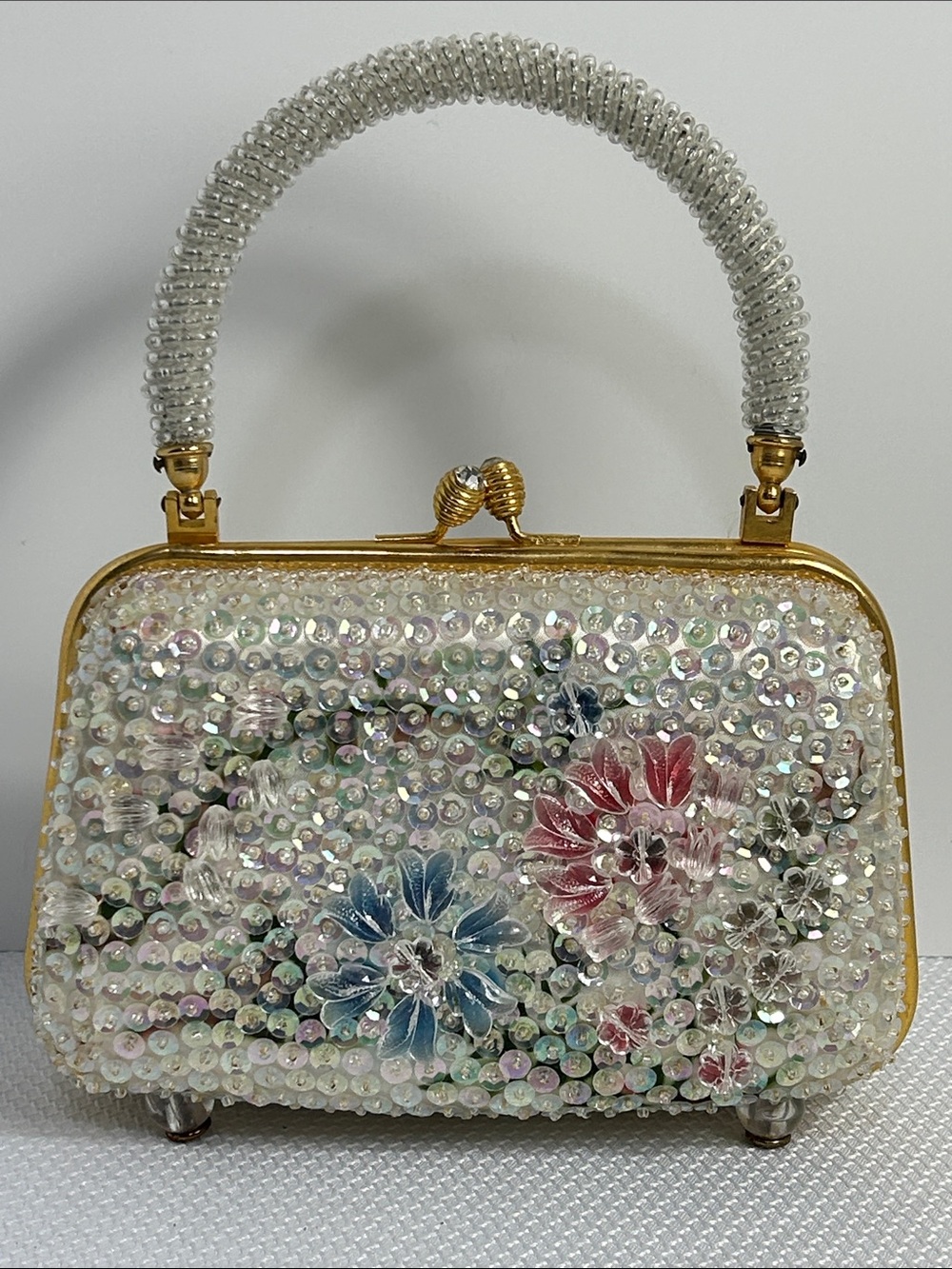 1970 Vintage Beaded Sequins Small Bag Floral Print Rhinestone Clasp Top Handbag